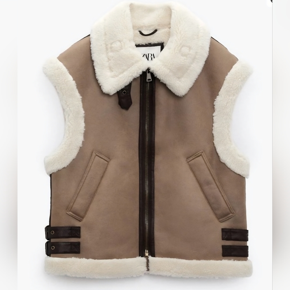 Zara Tan and Cream Shearling Vest Oversized